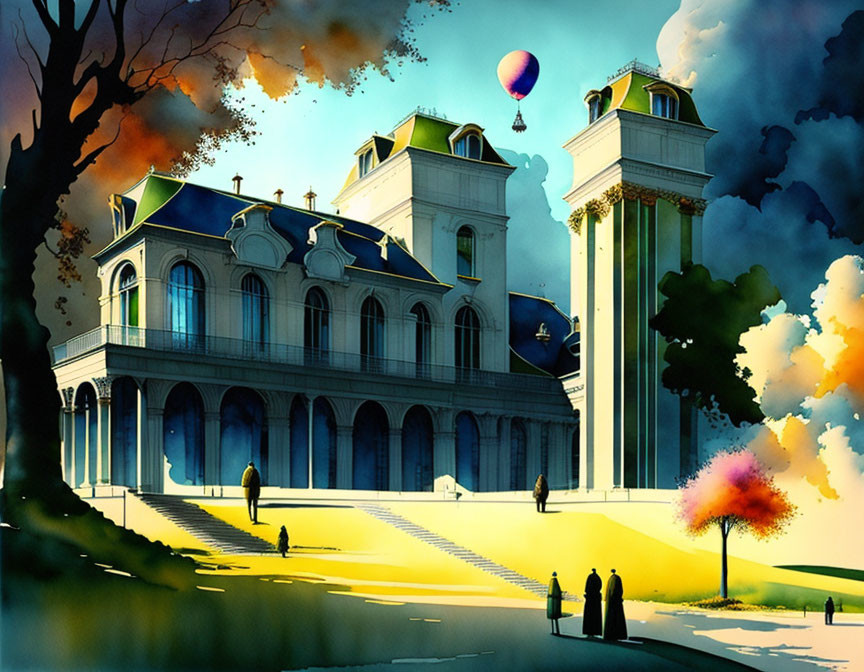 Grand building with classical columns, vibrant trees, people, and hot air balloon in colorful sky