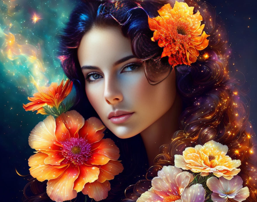 Vibrant woman with flower-adorned hair against cosmic backdrop