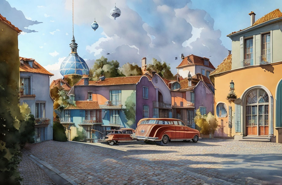 Vintage car and quaint houses in serene street scene