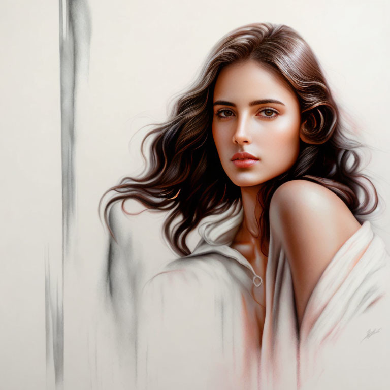 Digital painting of woman with flowing brown hair and intense gaze in soft white garment