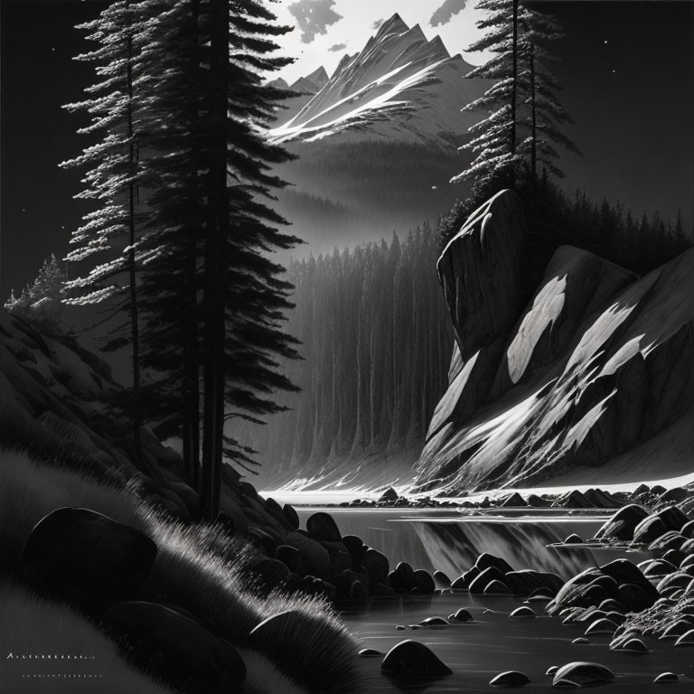 Serene monochromatic landscape with river, pines, mountains, starry sky