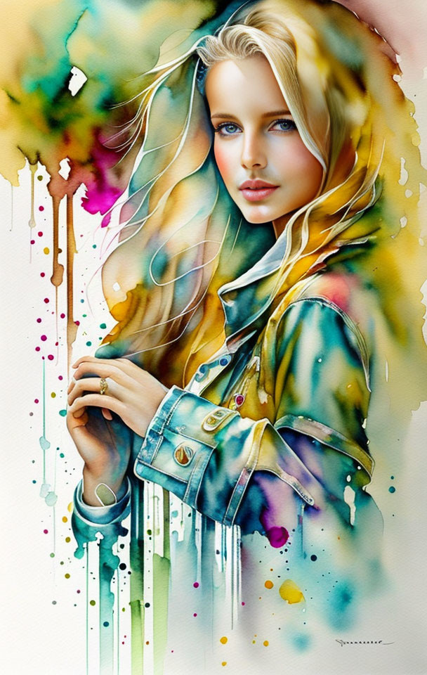 Woman with blond hair in denim jacket watercolor illustration.