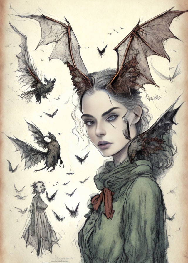 Fantasy illustration of female figure with dragon wings and bats in muted colors