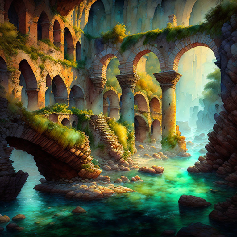 Fantasy landscape with ancient ruins, arched doorways, stone bridge, and mystical light