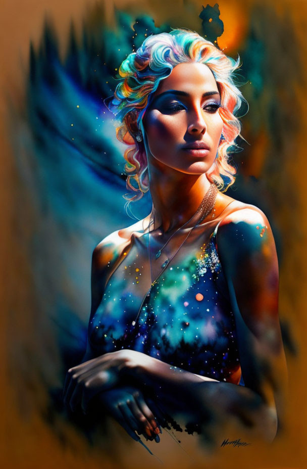 Vibrant portrait of a woman with celestial body paint and colorful wavy hair