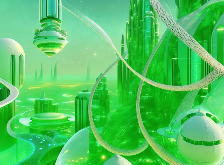 Futuristic green cityscape with sleek buildings and elevated roads against vibrant backdrop