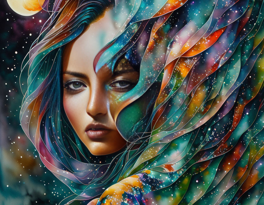 Colorful artwork of a woman's face merged with cosmic swirls and iridescent hues