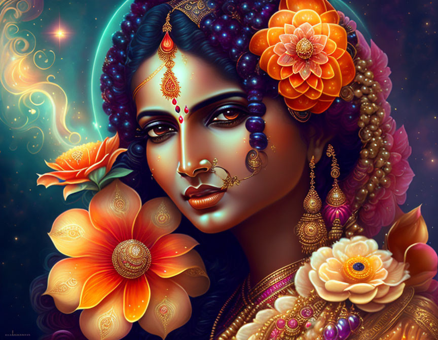 Digital art portrait of woman in Indian jewelry amid cosmic stars