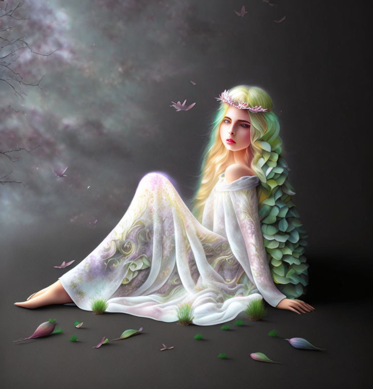 Ethereal woman with green hair in white gown among falling petals