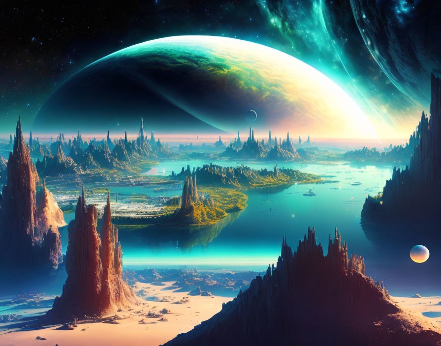 Alien landscape with towering spires, serene lake, celestial bodies