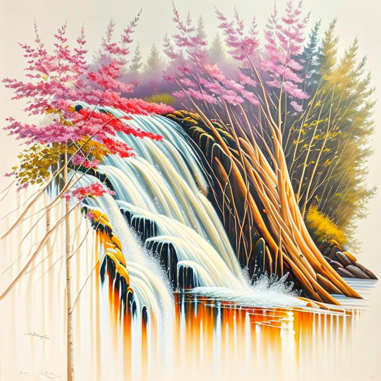 Colorful waterfall painting with vibrant trees and soft sky