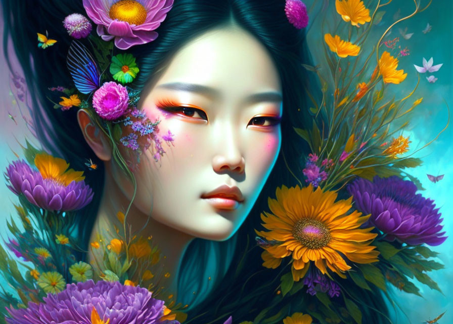 Colorful Asian woman with flowers and butterflies in dreamy scene