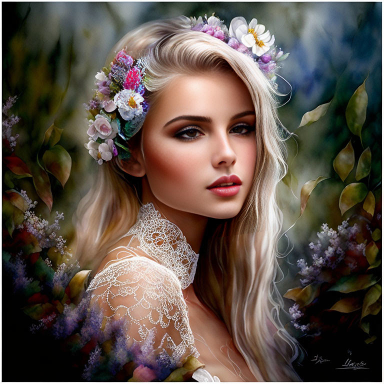 Woman with Floral Headpiece and Lace Dress in Digital Portrait