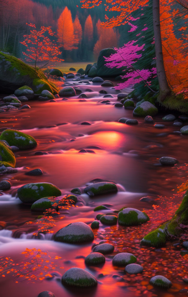 Tranquil river in autumn forest with moss-covered rocks