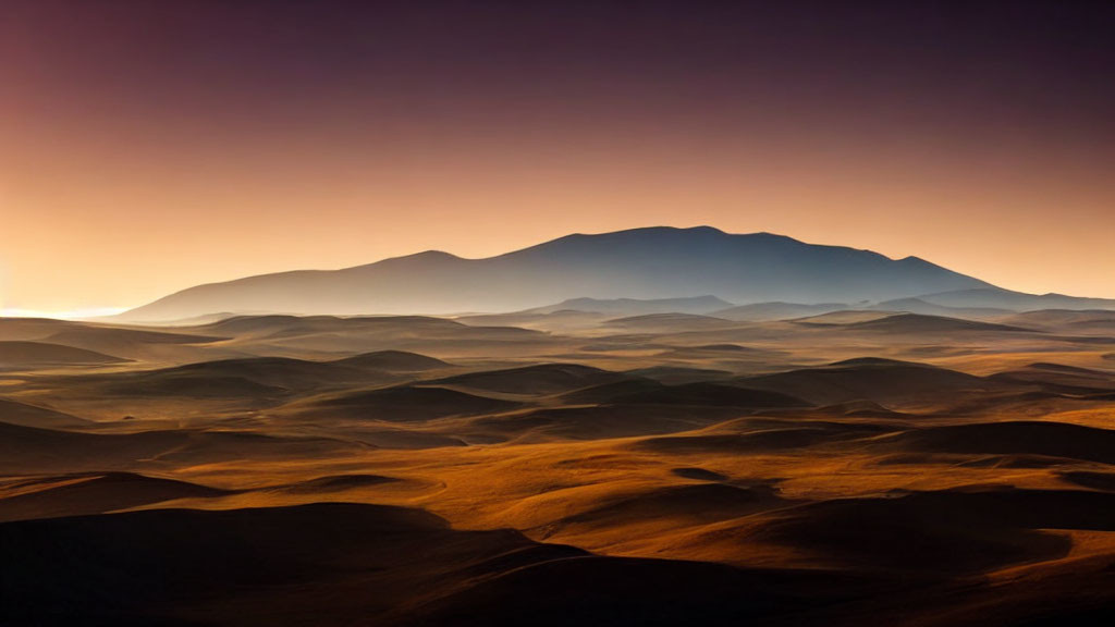 Vibrant sunset over desert hills with mountain silhouette