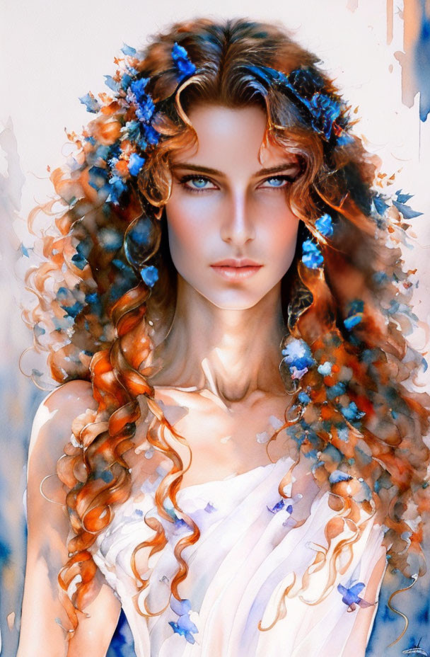 Portrait of a Woman with Auburn Hair and Blue Flowers