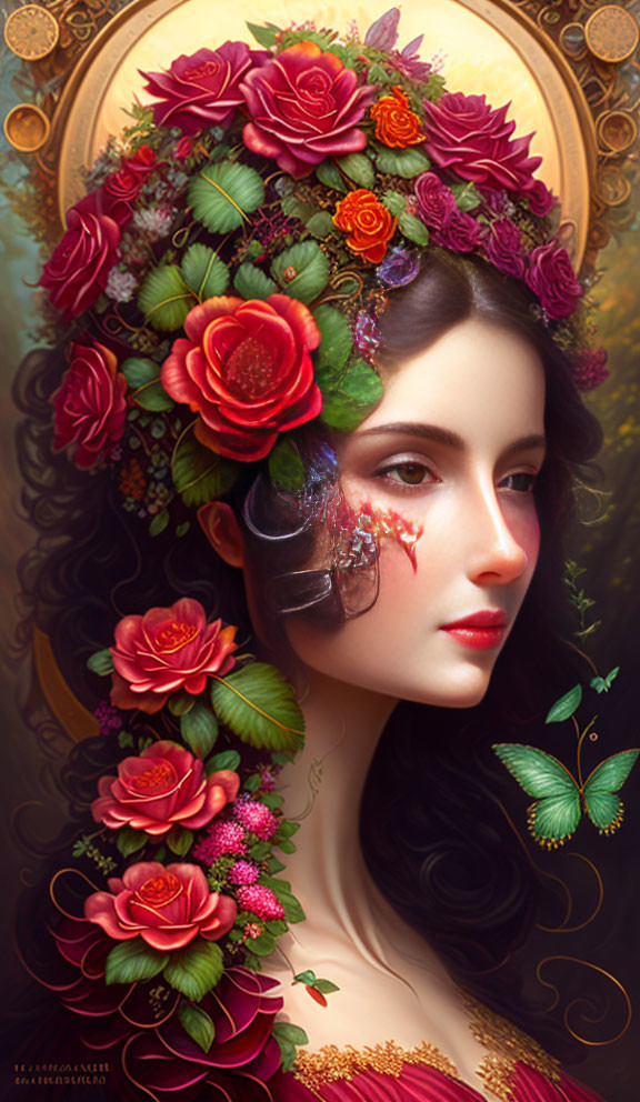 Vibrant surreal portrait of a woman with floral headdress and butterfly