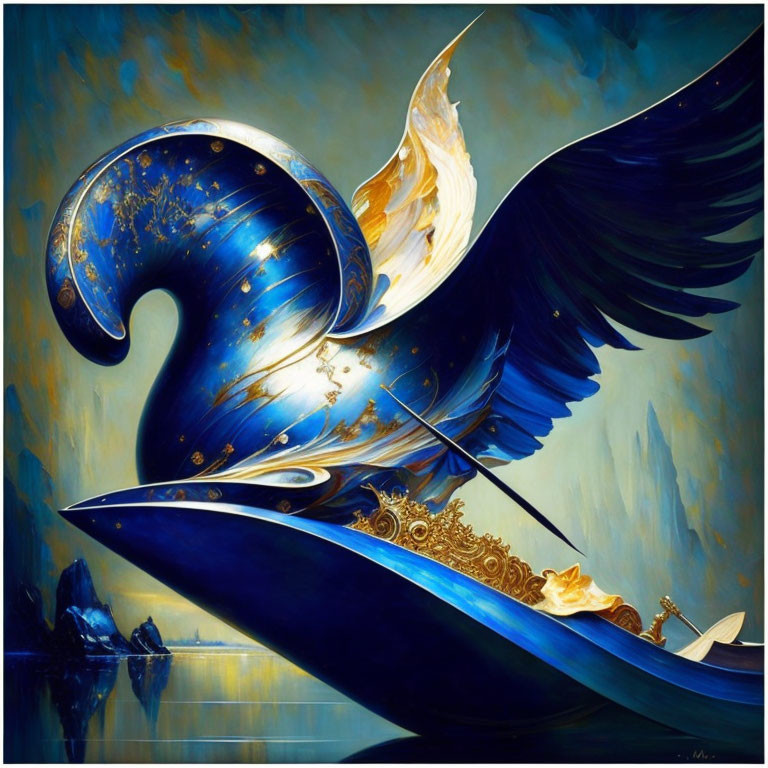 Mystical bird-like ship with sweeping wing and golden embellishments sailing in starry night