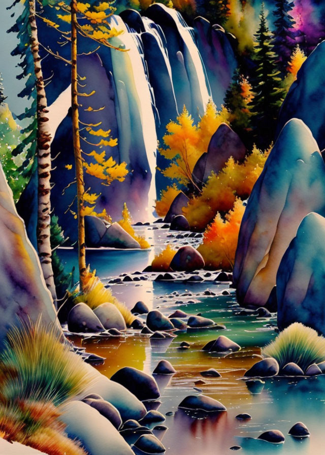 Scenic waterfall illustration with autumn trees and rocks