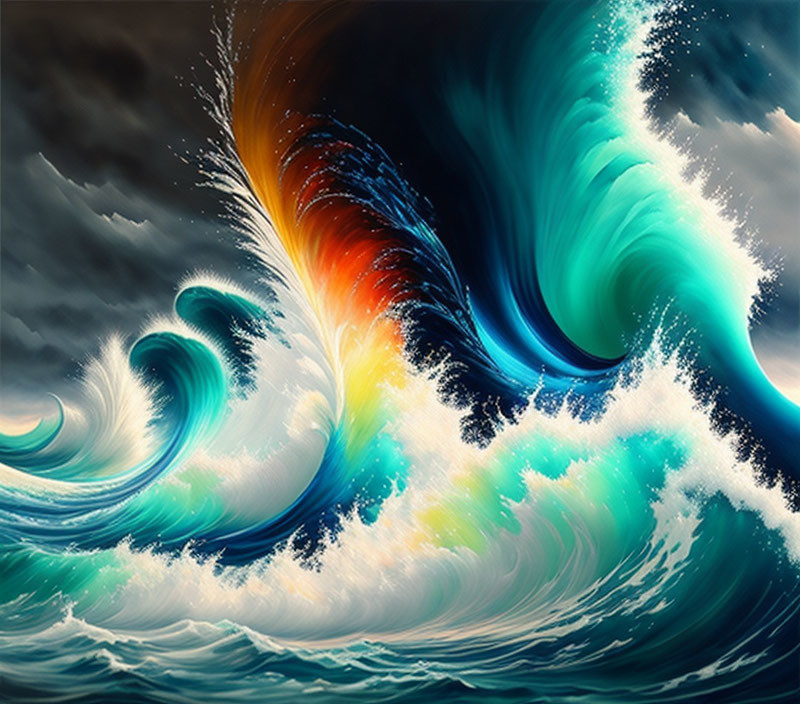 Colorful digital artwork: Towering waves in blues, greens, and oranges