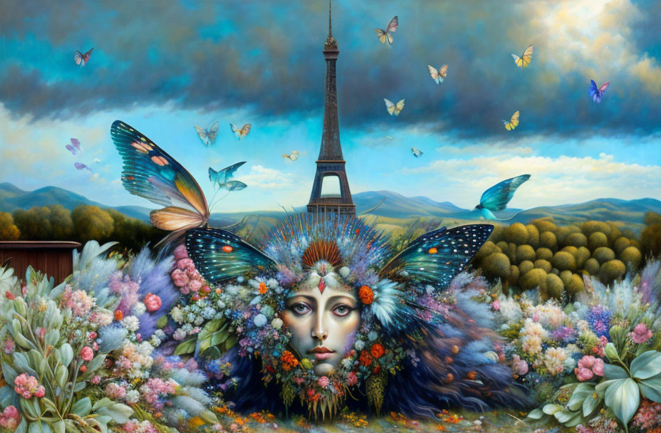 Surreal artwork: Woman's face in floral scenery with butterflies and Eiffel Tower.