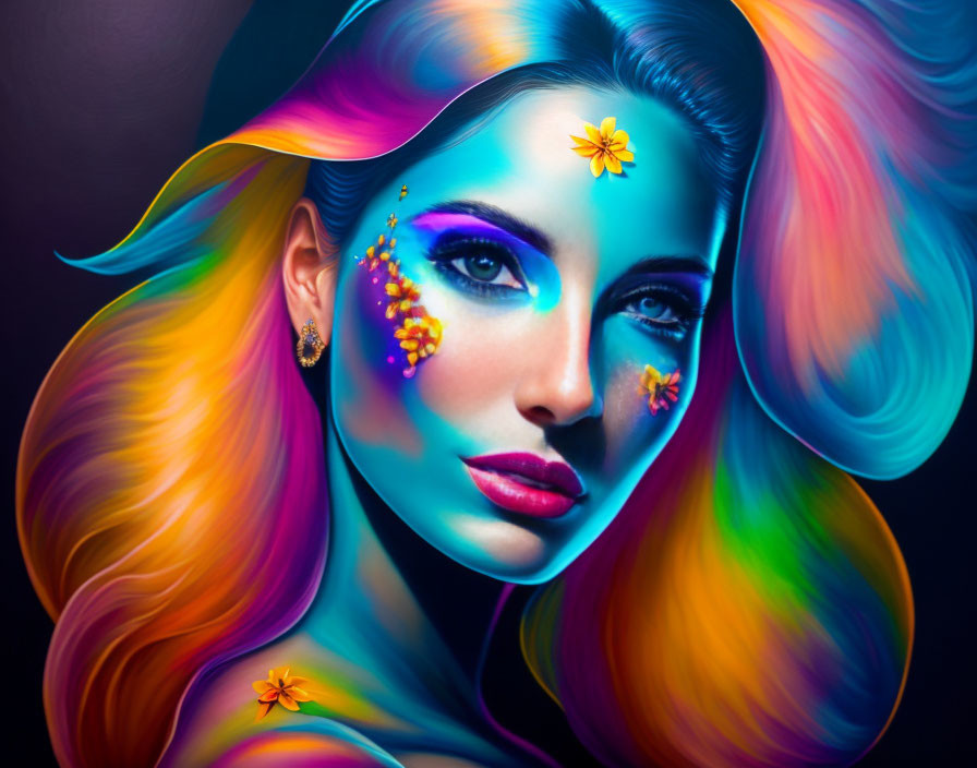 Colorful digital portrait of woman with multicolored hair and flower-adorned makeup