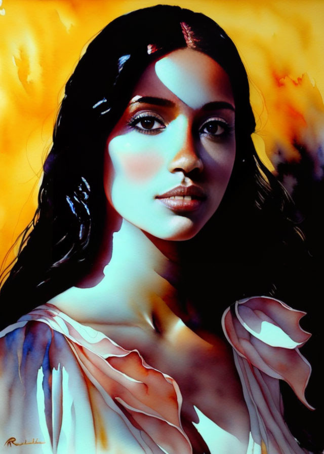 Portrait of a Woman with Dark Hair in Vibrant Watercolor.