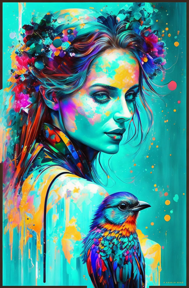 Colorful digital artwork: Woman with floral crown and bird on shoulder