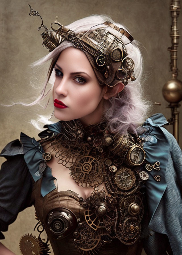 Steampunk woman with gear-adorned helmet and unique attire