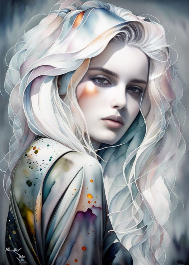 Young woman's digital portrait: long white hair, intense gaze, multicolored watercolor garment