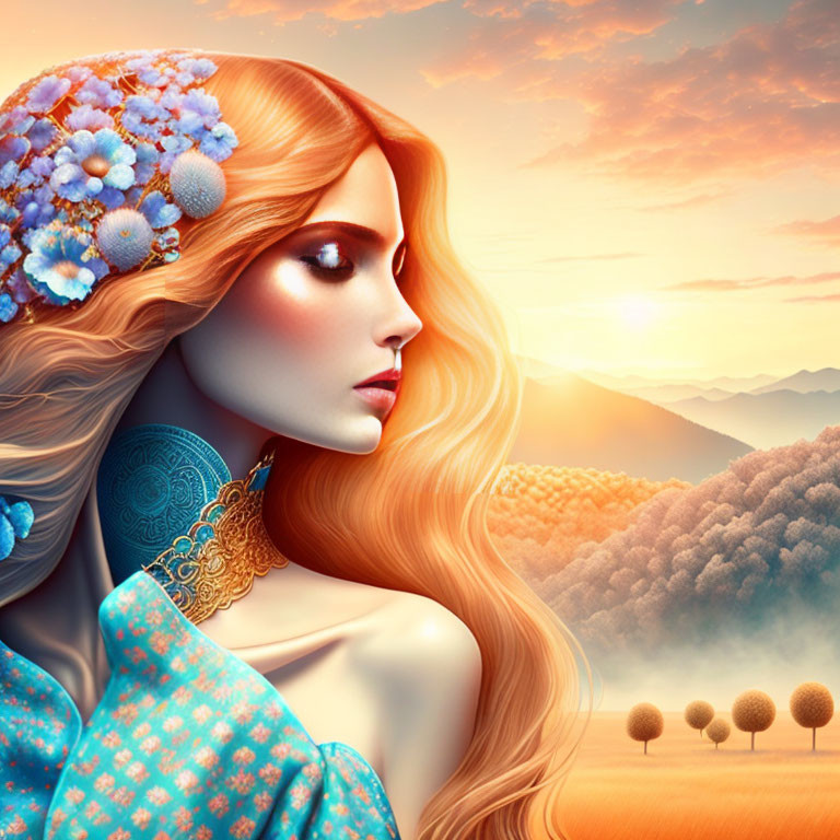 Illustrated woman with red hair and floral headpiece in vibrant sunset landscape