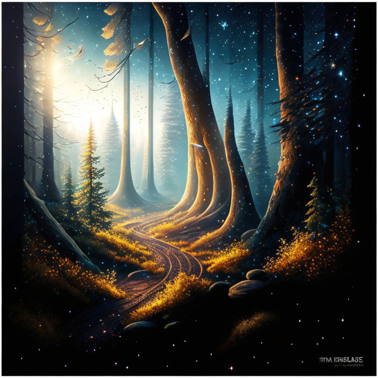 Enchanting forest scene with glowing flowers and fireflies