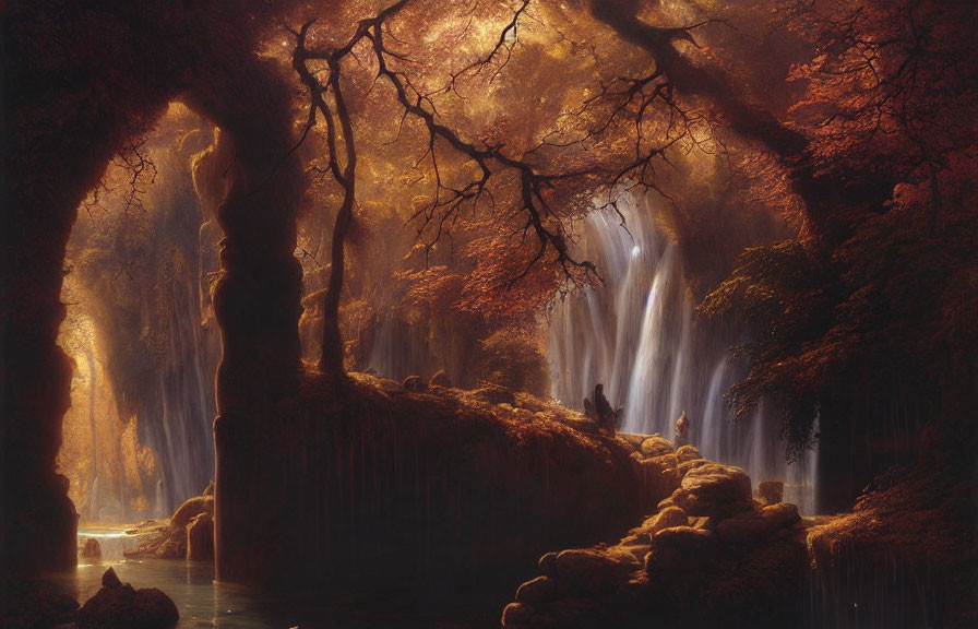 Mystical autumn forest with waterfall and sunlight rays