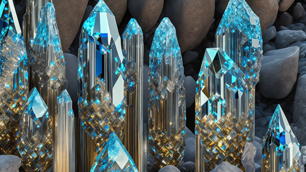 Translucent Blue and Gold Crystals on Rocky Surface