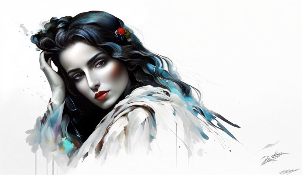 Digital painting: Dark-haired woman with pale skin and colorful brush strokes