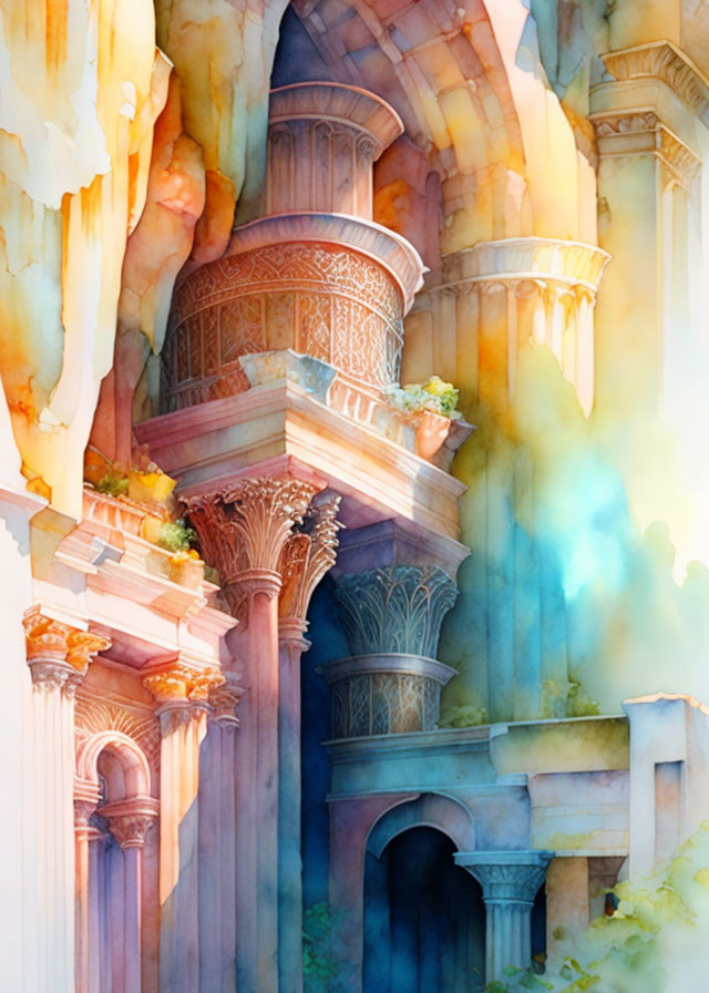 Ethereal watercolor painting: Ancient ruins in soft pastel light