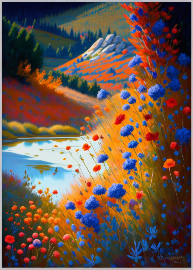 Colorful Meadow Painting with Flowers, River, and Sunlit Hills