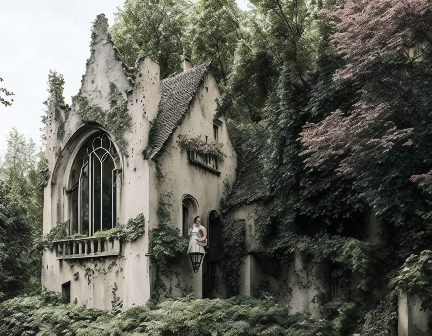 Old cottage with ivy, Gothic windows, person at entrance