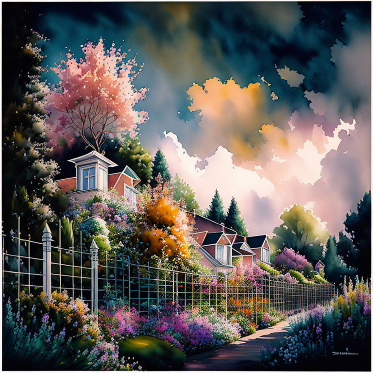 Colorful garden with blooming flowers, trees, and houses under a dusk sky