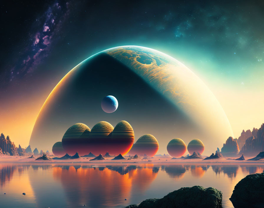 Fantastical sci-fi landscape with multiple planets, tranquil water, rocky terrain, starlit sky