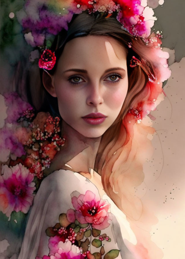 Digital artwork: Woman with floral headdress in ethereal watercolor setting