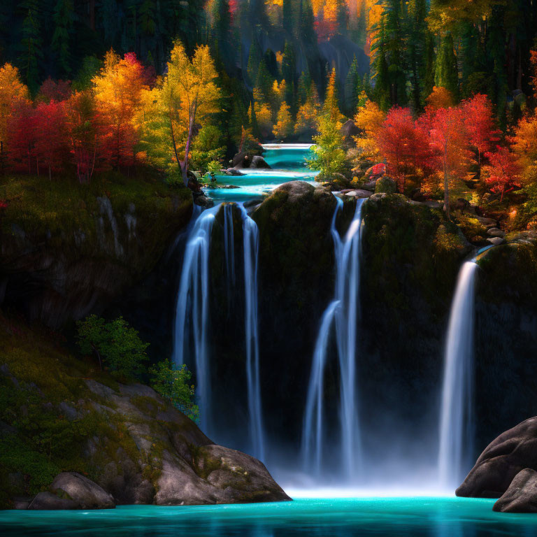 Tranquil waterfall surrounded by autumn trees and blue pool