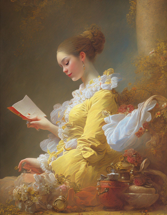 Classic Painting: Serene Woman in Yellow Dress Reading Book with Teapot and Flowers