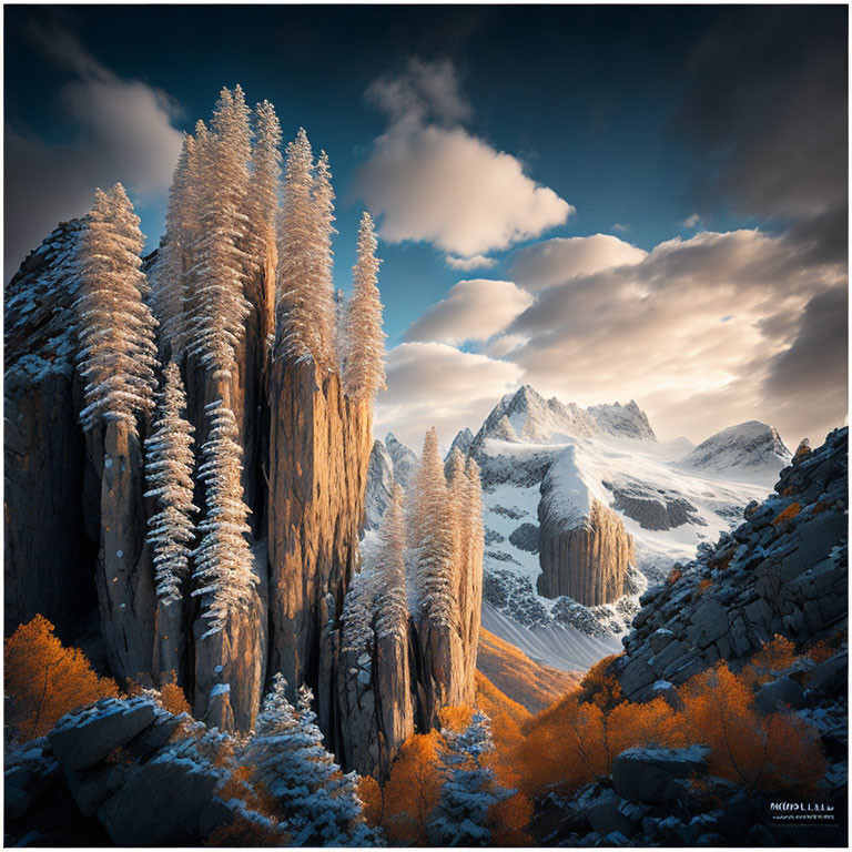 Snow-dusted pines on rugged cliffs contrast with golden foliage under a blue sky