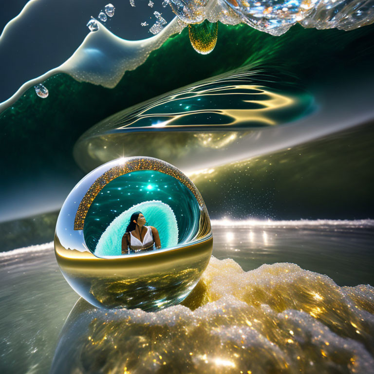 Reflective Sphere on Glittering Shore Under Green Sky