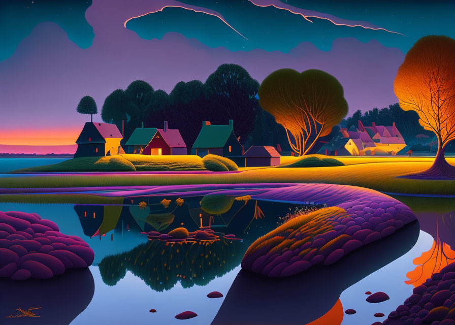 Vibrant Dusk Landscape with Silhouette Houses and Comet Trails