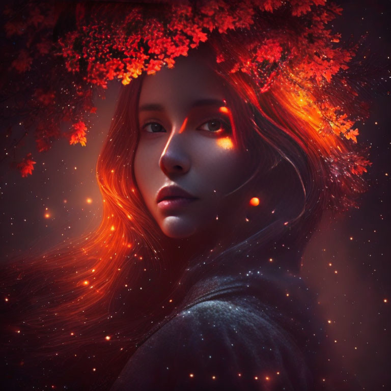 Portrait of Woman with Luminous Skin and Fiery Orange Hair in Mystical Setting