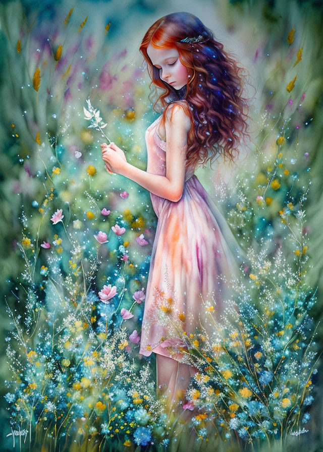 Red-haired girl in pink dress surrounded by vibrant flowers holding a feather