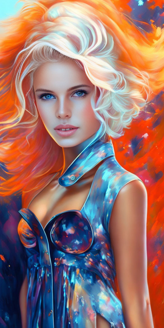 Blonde woman digital art with colorful outfit on fiery background