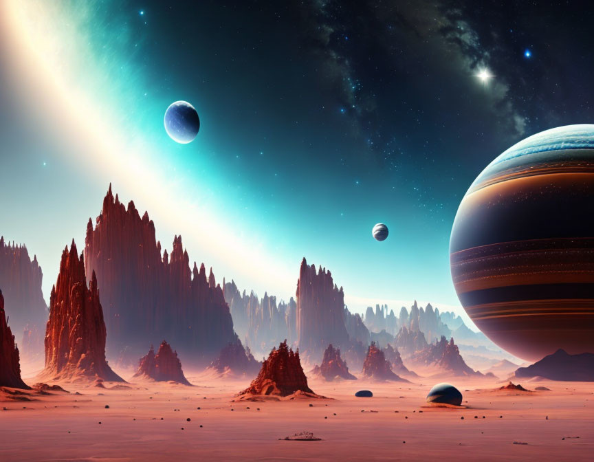 Alien planet sci-fi landscape with rocky spires and celestial sky